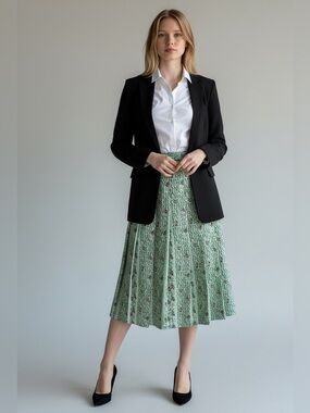 Albert Capraro  Vintage Mint Green Floral Pleated Midi Skirt